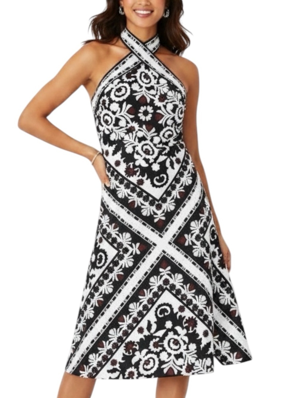 NWT ANN TAYLOR Black Baroque Scarf Linen Blend Crossover Halter Dress Size 10